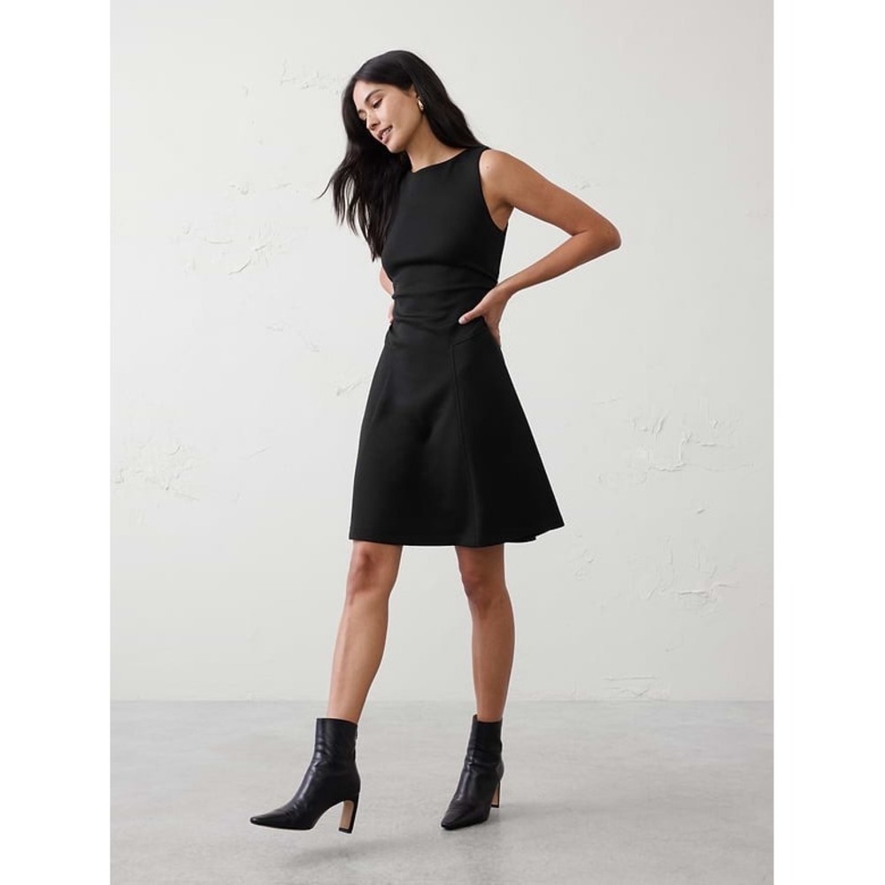 NEW Banana Republic Dress LARGE Petite Black A-Line SHIRRED Waist Scuba Mini